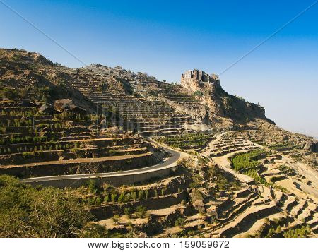 View to Manakha fortress and old city and terrace farming Yemen
