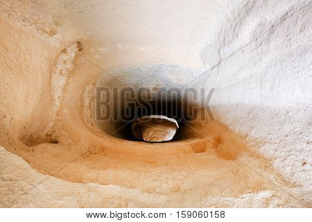 Photography inside the cave in Cappadocia in Turkey
