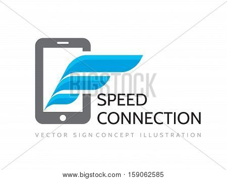Speed connection - vector business logo template. Mobile phone and wing creative illustration. Modern smartphone technology symbol. Cellphone concept sign. Design elements.