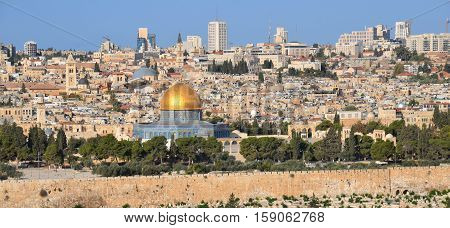 Panoramic view to Jerusalem Old city and the Temple Mount, Dome of the Rock and Al Aqsa Mosque from the Mount of Olives in Jerusalem, Israel,