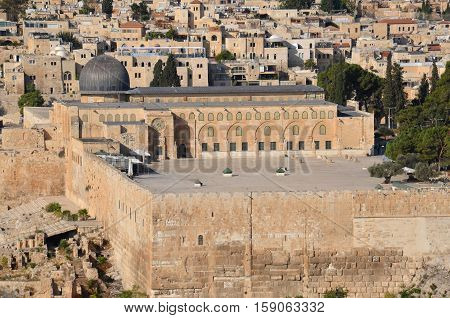 JERUSALEM ISRAEL 26 10 16: Panoramic view of Al-Aqsa Mosque, also known as Al-Aqsa and Bayt al-Muqaddas, is the third holiest site in Sunni Islam and is located in the Old City of Jerusalem.