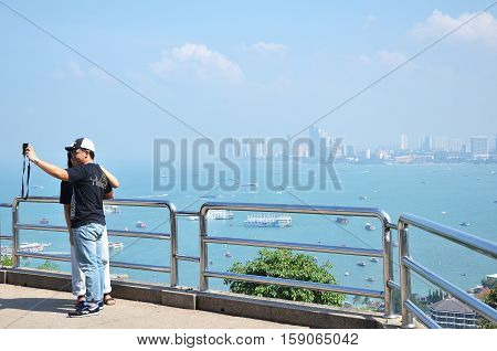 PATTAYA THAILAND - 22 NOV 2016: View of building and Pattaya beach at viewpoint Pratumnak Hill in Pattaya Thailand
