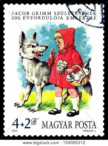 STAVROPOL RUSSIA - November 30 2016: A stamp printed in Hungary shows Little Red Riding Hood by the Brothers Grimm circa 1985