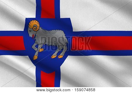 Flag of Faroe Islands is an island country of Denmark Kingdom. 3d illustration
