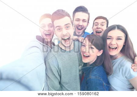 Group of happy young teenager students taking selfie photo isolated on white background