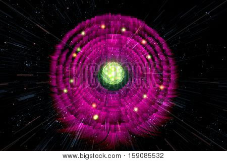 Close up of colorful neon atomic particle background 3D illustration