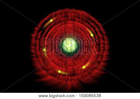 Close up of colorful neon atomic particle background 3D illustration