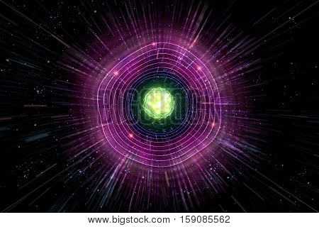 Close up of colorful neon atomic particle background 3D illustration