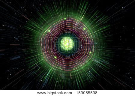 Close up of colorful neon atomic particle background 3D illustration