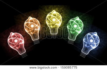 Atomic particle as lightbulb filament and nuclear energy 3D illustration