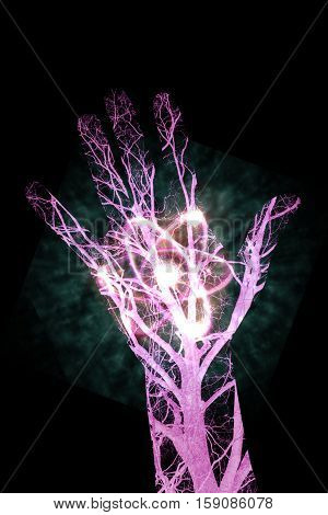 Close up human blood vessels in male hand with radioactive atomic power 3D illustration