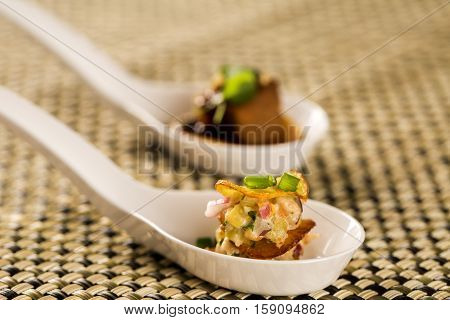 Thousand-leaf Sweet Potatoes, Smoked Tuna And Cucumber Pickles In A Spoon. Taste Gastronomy Fingerfo