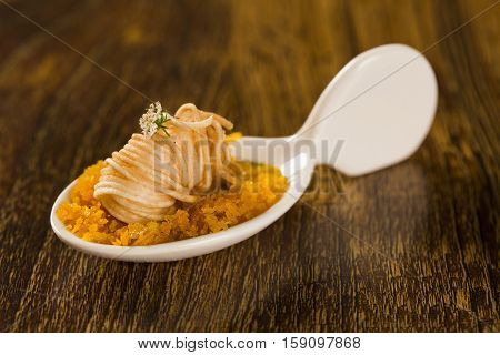 Crispy Shrimp With Piranha Pirão And Palm Tree Farofa In A Spoon. Taste Gastronomy Finger Food