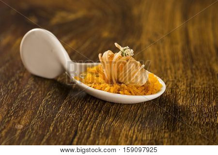Crispy Shrimp With Piranha Pirão And Palm Tree Farofa In A Spoon. Taste Gastronomy Finger Food