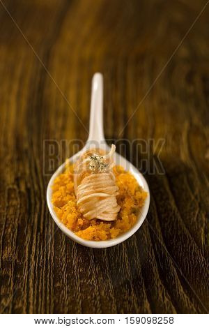 Crispy Shrimp With Piranha Pirão And Palm Tree Farofa In A Spoon. Taste Gastronomy Finger Food