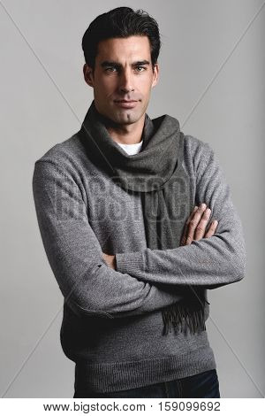Handsome Man Wearing Winter Clothes On White Background
