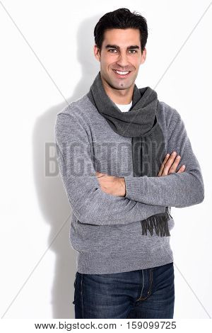 Handsome Man Wearing Winter Clothes On White Background