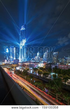 Modern building and condominium in city downtown with Mahanakorn building in Bangkok. Night of Light. The new highest building in Bangkok Thailand.