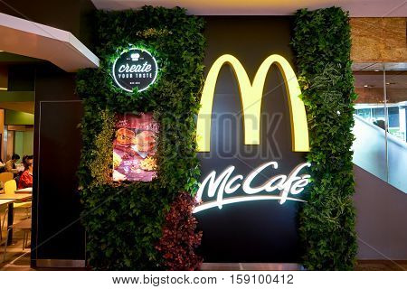 HONG KONG - CIRCA NOVEMBER, 2016: McCafe sign in Hong Kong. McCafe is a coffee-house-style food and drink chain, owned by McDonald's.
