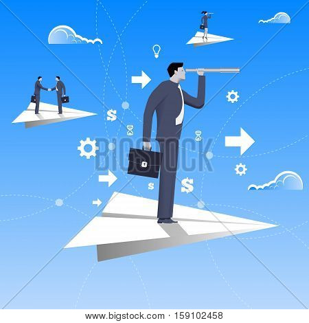 Flying on paper plane business concept. Confident businessman in business suit with case and looking glass flying on paper plane. Searching for opportunities looking for solution.