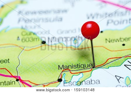 Manistique pinned on a map of Michigan, USA