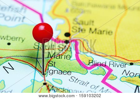 St Ignace pinned on a map of Michigan, USA