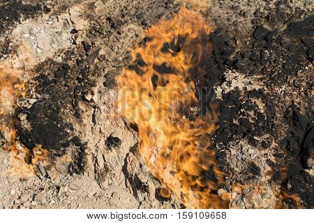 Burning mountain in Yanar Dag. Azerbaijan. Fire