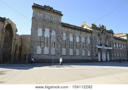 PONTEVEDRA, SPAIN - AUGUST 6, 2016: Some people in front of the facade of the High School Valle Inclan in Pontevedra Galicia Spain
