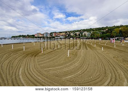 Portoroz, Slovenia - September 20, 2016: the city beach in the resort of Portoroz, Istria.