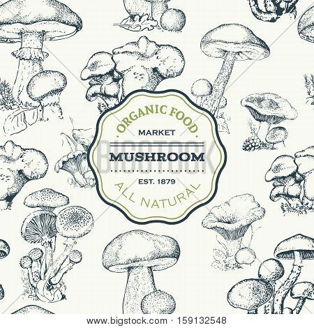 Hand-drawn seamless pattern of the different mushrooms. Repeated natural background with mushrooms. vector illustration for your design.