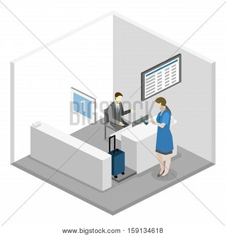 Isometric Flat 3D Vector Interior Of Airport Check-in.