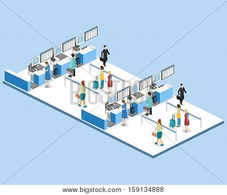 Isometric Flat 3D Vector Interior Of Airport Check-in.