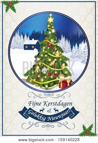 Merry Christmas and Happy New Year (Fijne Kerstdagen en Gelukkig Nieuwjaar!) - dutch  classic greeting card for winter season. Print colors used. Size of a custom printable card