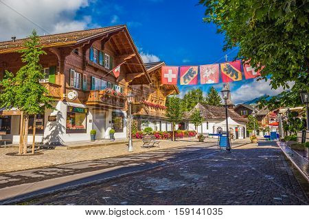 Old City Center Of Gstaad Town, Famous Ski Resort In Canton Bern, Switzerland.