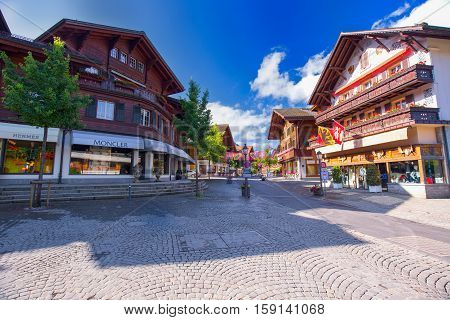 Old City Center Of Gstaad Town, Famous Ski Resort In Canton Bern, Switzerland.