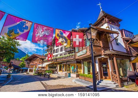 Old City Center Of Gstaad Town, Famous Ski Resort In Canton Bern, Switzerland.