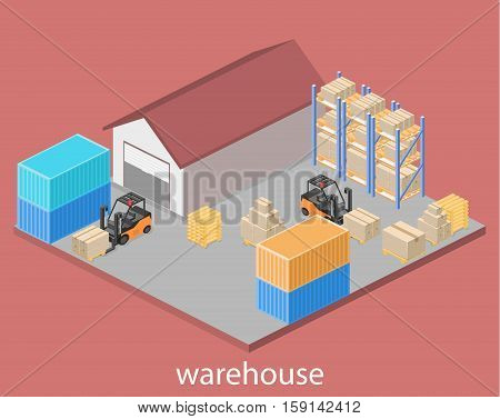 Isometric Flat 3D Concept Vector Warehouse Outside
