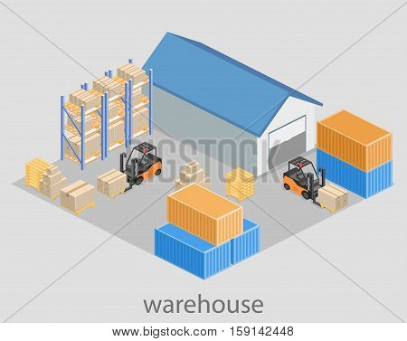 Isometric Flat 3D Concept Vector Warehouse Outside.