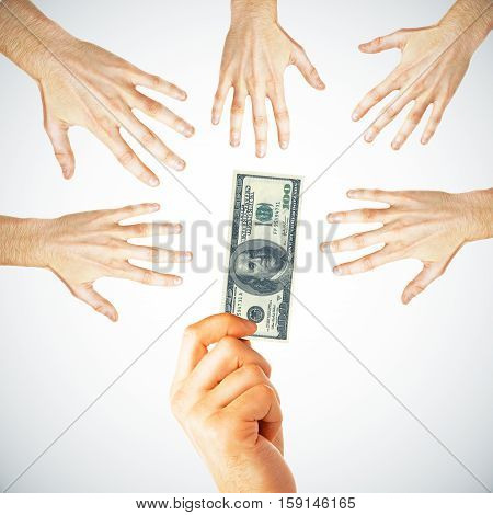 Hands with dollar bill on white background. Money concept