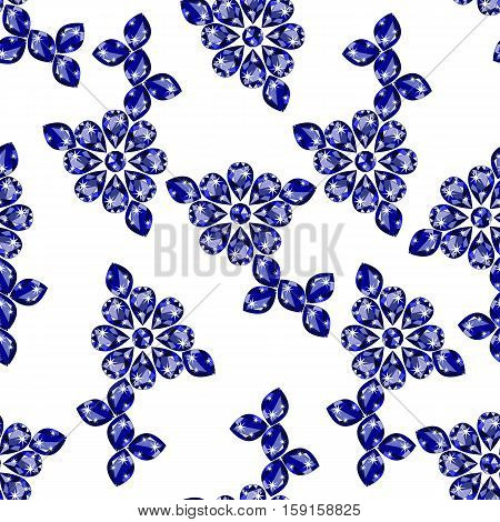 Seamless pattern with deep blue precious gem Sapphire in shape of flowers from different cuts on white background. Vector illustration