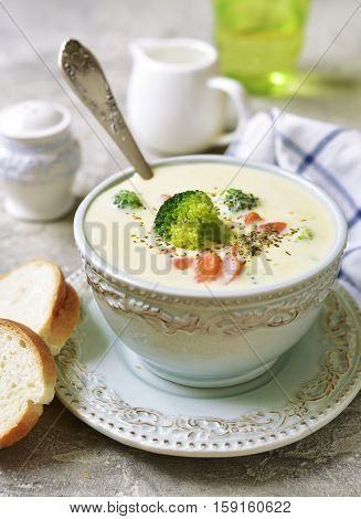 Vegetable Chowder With Cheese In A Blue Vintage Bowl.
