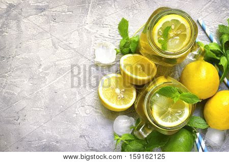 Homemade Sparkling Lemonade On A Grey Concrete,stone Or Slate Background.top View.