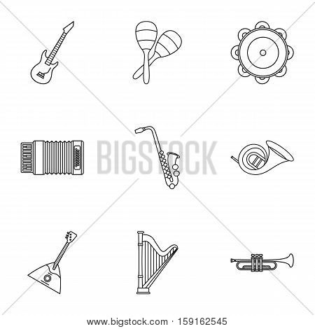 Musical tools icons set. Outline illustration of 9 musical tools vector icons for web