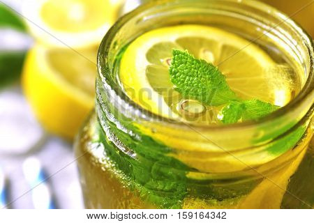 Homemade Sparkling Lemonade On A Grey Concrete,stone Or Slate Background.top View.