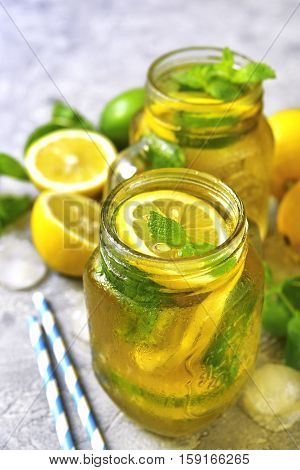 Homemade Sparkling Lemonade On A Grey Concrete,stone Or Slate Background.top View.
