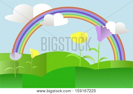Green hills landscape, violet and yellow flowers, rainbow, blue sky, white clouds, flat design stock vector illustration