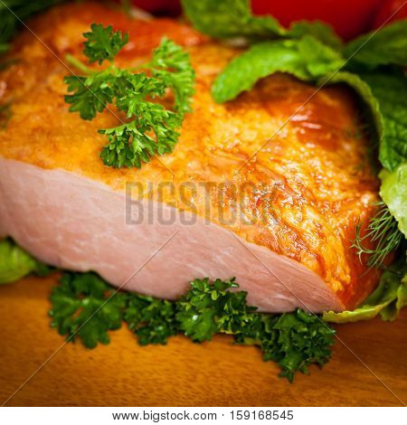 Piece of Smoked Carving Pork Ham. Selective and Soft focus.