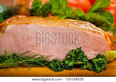 Piece of Smoked Carving Pork Ham. Selective and Soft focus.