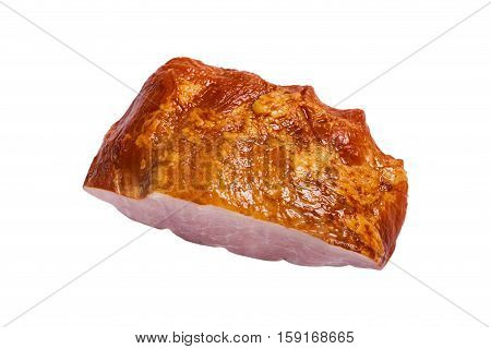 Piece of Smoked Carving Ham Isolated on White Background. Selective focus.