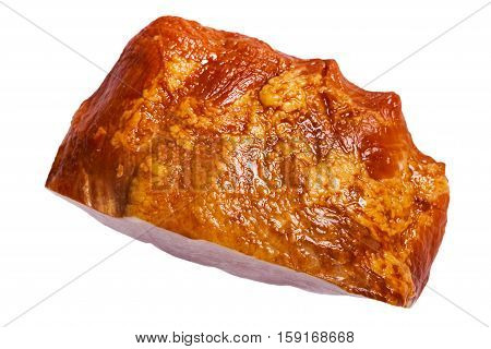 Piece of Smoked Carving Ham Isolated on White Background. Selective focus.